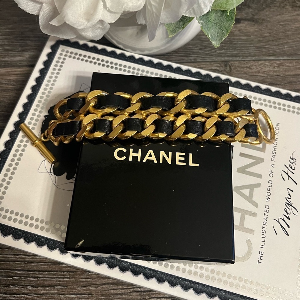 CHANEL Vintage Gold Chain & Black Leather Bracelet